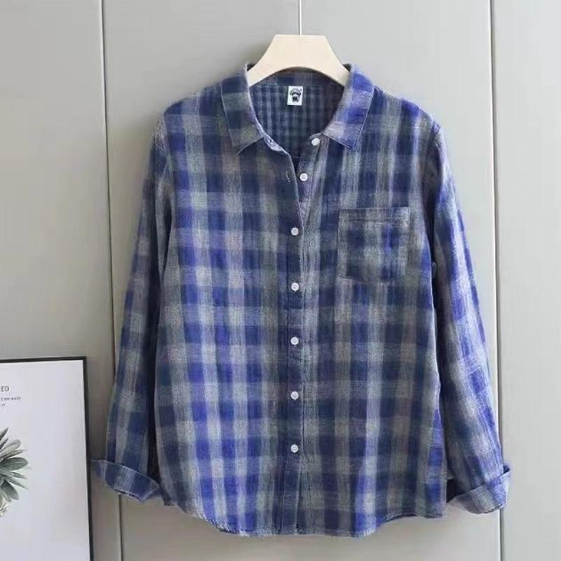 Baumwoll-Doppelschichtstoff Frühling Herbst Langarmhemd Damen Hochwertiges kariertes lockeres Oberteil Schlankheits-Anti-Aging-Shirt