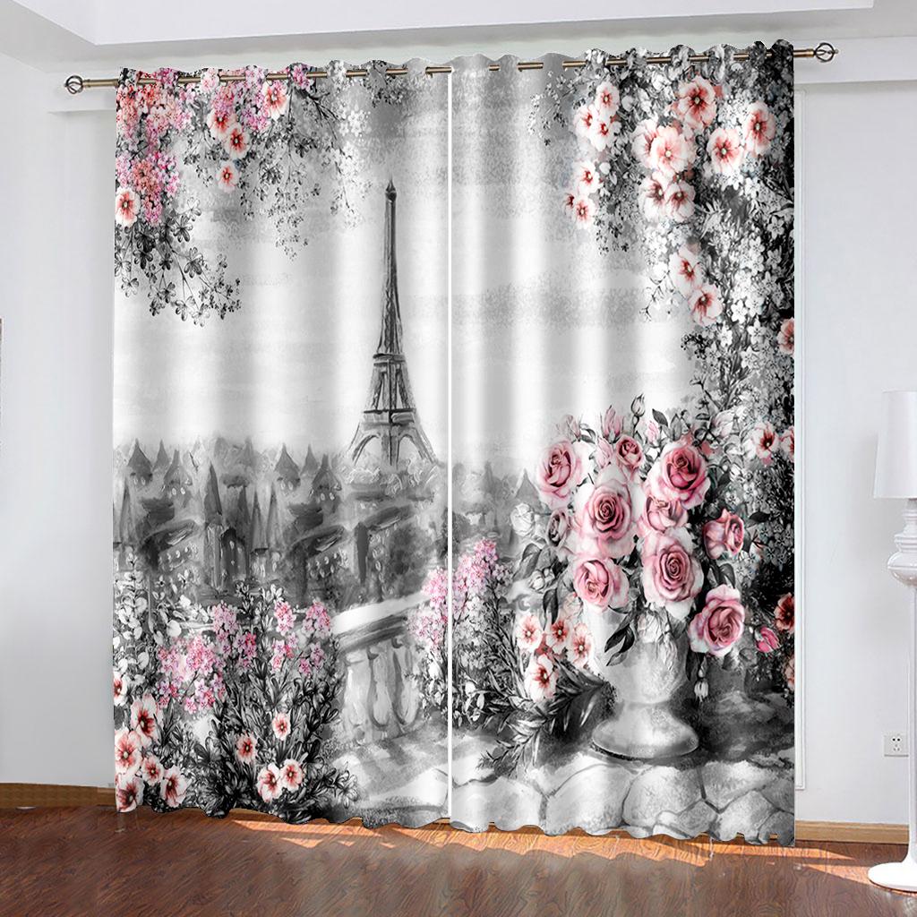 Zasłony tkane z nadrukiem roślinnym, zasłony zaciemniające do sypialni, dwie oddzielne zasłony po lewej i prawej stronie