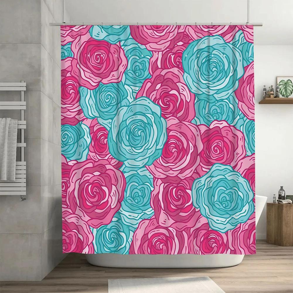Bright Floral Shower Curtain Pink Blue Printed Polyester Waterproof Bath Decor Wall Hanging Home Decoration Modern Bathroom Acce