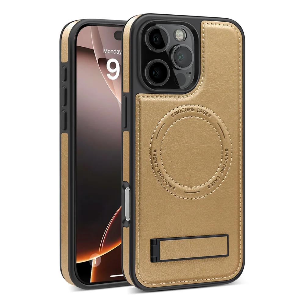 Fashion Leather for Magsafe Phone Case for iPhone 16 Pro Max 15 14 13 12 11 With Stand Bracket Strong Magnetic Shockproof Cover