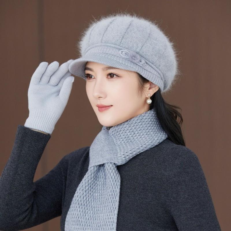 Womens Warm Knitted Beanie Hat With Rabbit Hair Blend Winter Cap Elderly Ladies Short Brim Style