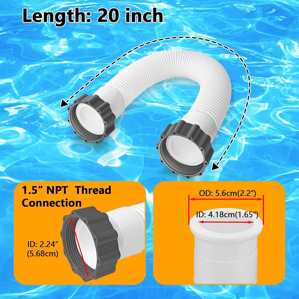 1.5'' Diameter Pool Sand Filter Pump Hose, 20inch Pool Pump Replacement Hose for Above Ground Pools,  Flexible Water Pool Hose Set