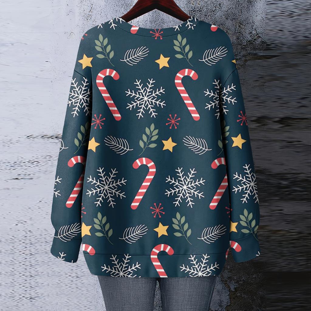 Ladies' Christmas Printed Round Neck Long Sleeved T-shirt Sweatshirt Top