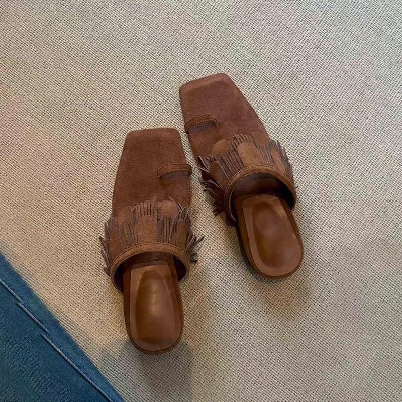 Sheepskin Version~ Niche Suede Tassel Low Heel Square Head Set Toe Slippers Women's Wear 2025 Summer Cool Slippers