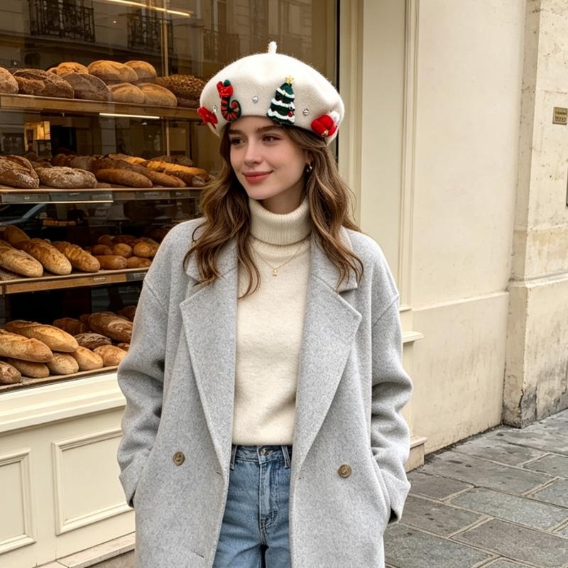 Christmas Beret Hat for Women and Girl, Brimless, Soft Warm Painters Hat, Headwear for Festival, Holiday Photoshoots and Seasonal Party Decoration