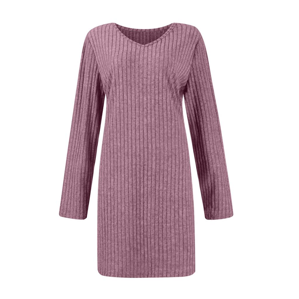 Womens V Neck Fall Dresses Long Sleeve Casual Sweater Short Dress Fashion Clothes