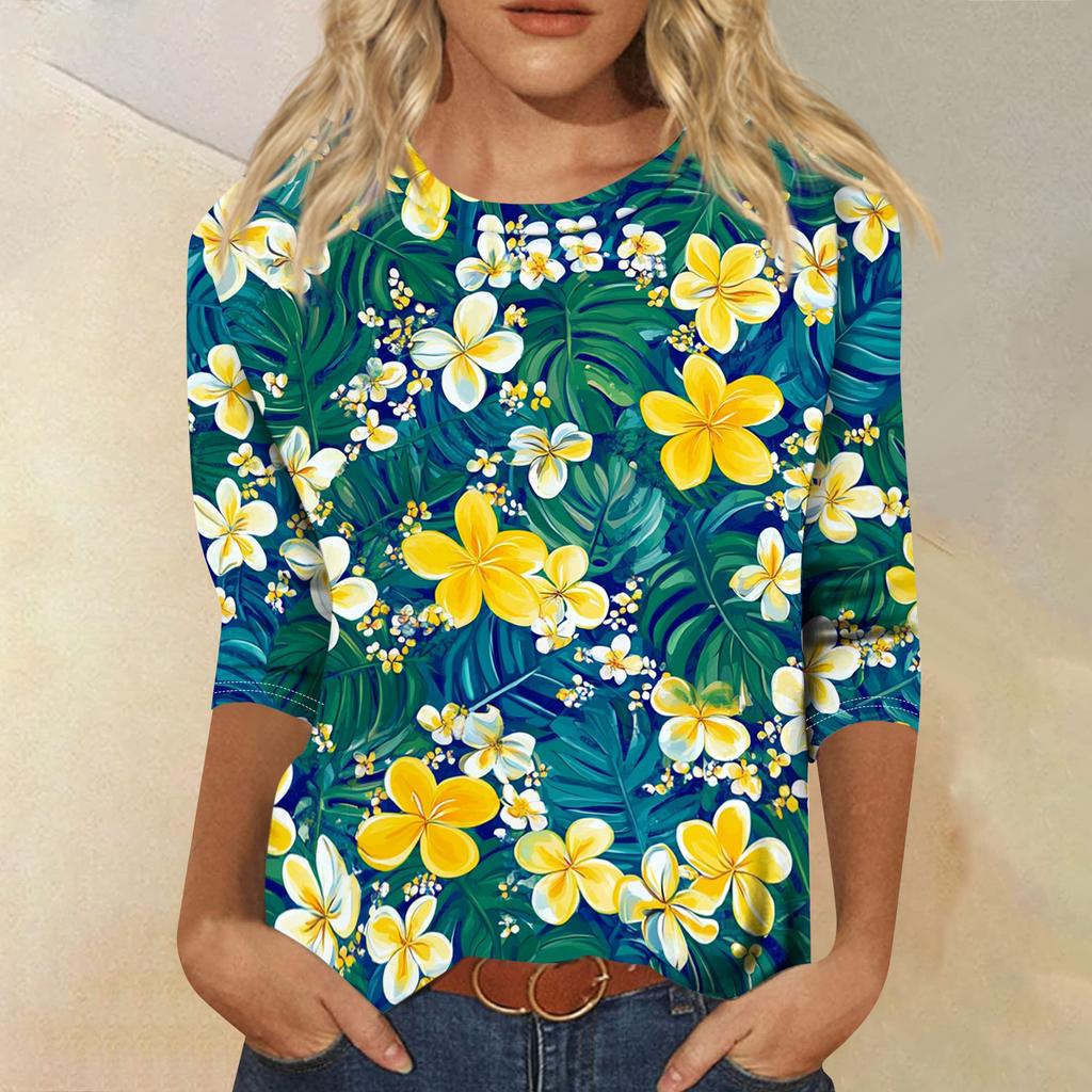 Módní vintage top s 3/4 rukávem pro ženy, dámská ležérní halenka s tříčtvrtečním rukávem a kulatým výstřihem s potiskem