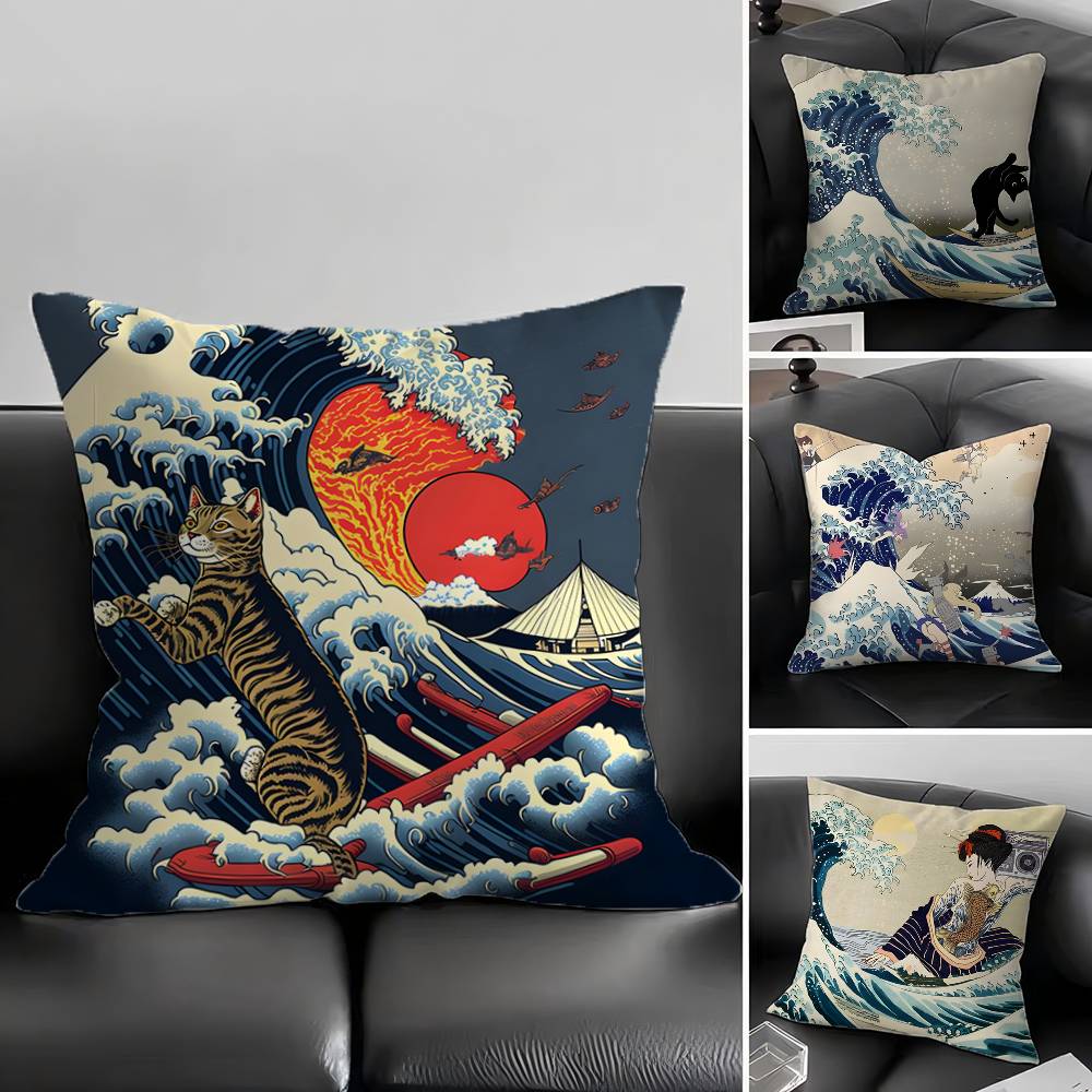 1pc The Great Wave Of Kanagawa Hokusai Pillow Case Square Bedroom Sofa Leisure Comfort Cushion Car Living Room Home Decoration