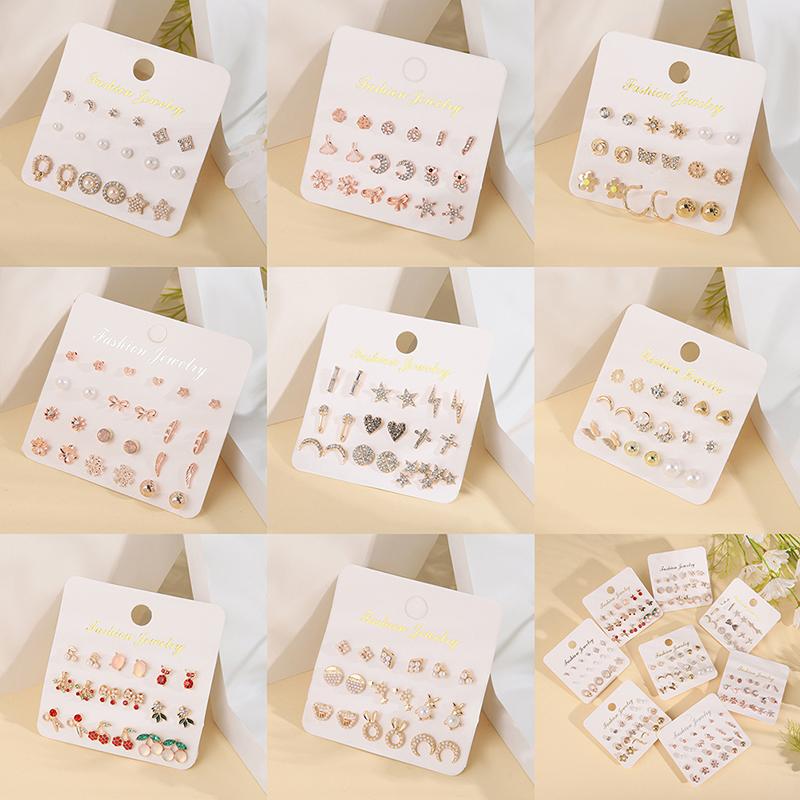 12 Pairs/Set Women'S Pearl Flower Crystal Mix Design Studs Earrings Girls Elegant Gold Heart Ear Jewelry Gift