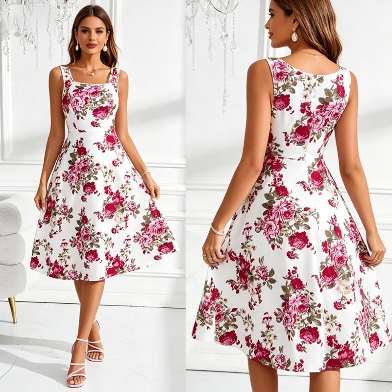Damen ärmelloses Midi-Kleid mit Blumenprint, elegantes quadratischer Ausschnitt A-Linie lässiges Sommerkleid für den Urlaub