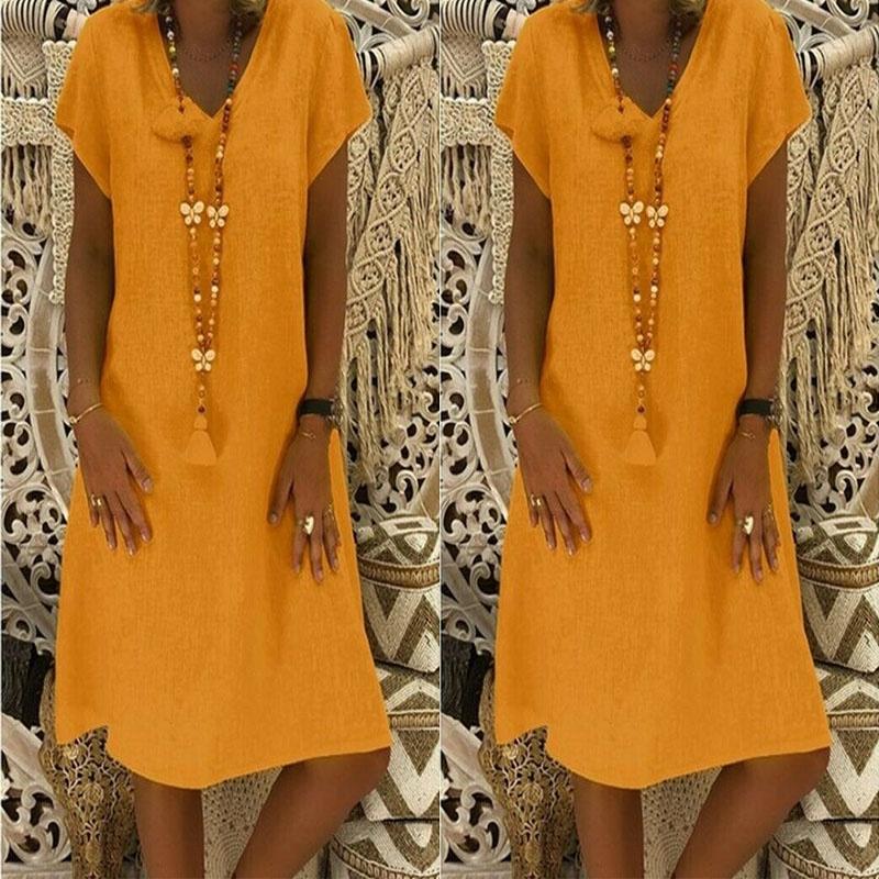 Stylish Summer Women's Short Sleeves V-neck Tunic Midi Dress For Plus Size Fashion