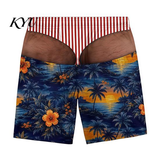 Mens Funny Beach Shorts Men Hairy Butt Shorts, Big Booty Leopard Novelty Illusion Printed Swimwear Print Briefs Design, USA Flag Swim Trunks