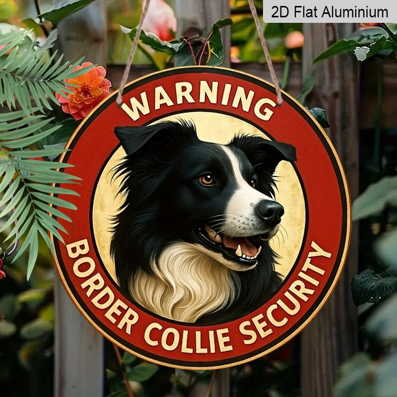 2D Flat Border Collie Warning Sign Round Aluminum Wall Artwork, Retro Logo, Featuring Friendly Dogs, Very Suitable for Families, Bars, Cafes