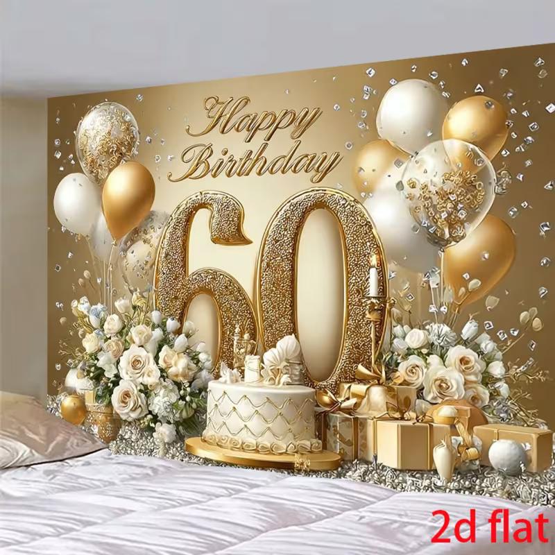 2D Flat 60th Birthday Gold Banner 2D Fabric Backdrop for 60th Anniversary & Birthday Party Decoration 47.2x31.5inch/120*80cm