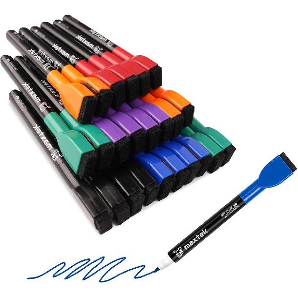 maxtek Magnetic Whiteboard Markers - 12 Count Colorful Fine Tip Dry Erase Markers with Eraser for Kids, Low Odor Thin Markers for Calendar Boards