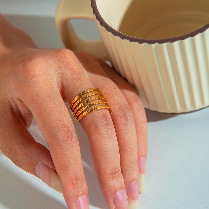 Elegant French Titanium Steel Multi-Layered Leaf Ring with Irregular Design, 18K Gold Plating