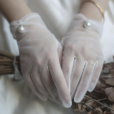 Guantes de novia, guantes de boda, guantes de gasa blanca para mujer, guantes de encaje fino para mujer, guantes de boda con perlas, accesorios