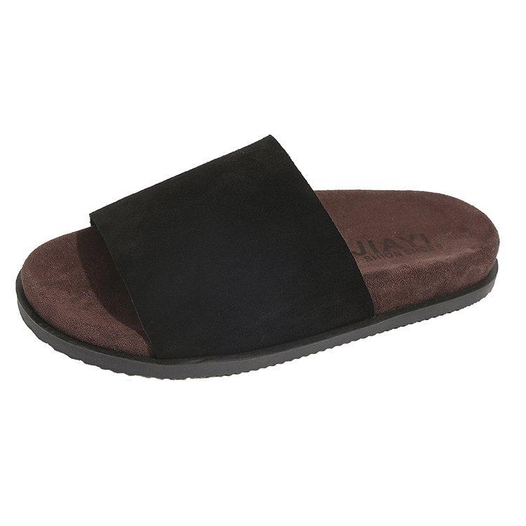 

Cowhide version~ One-word with Birkenstock slippers, casual and versatile, lazy thick-soled cork beach, Roman sandals for women 35 чёрный