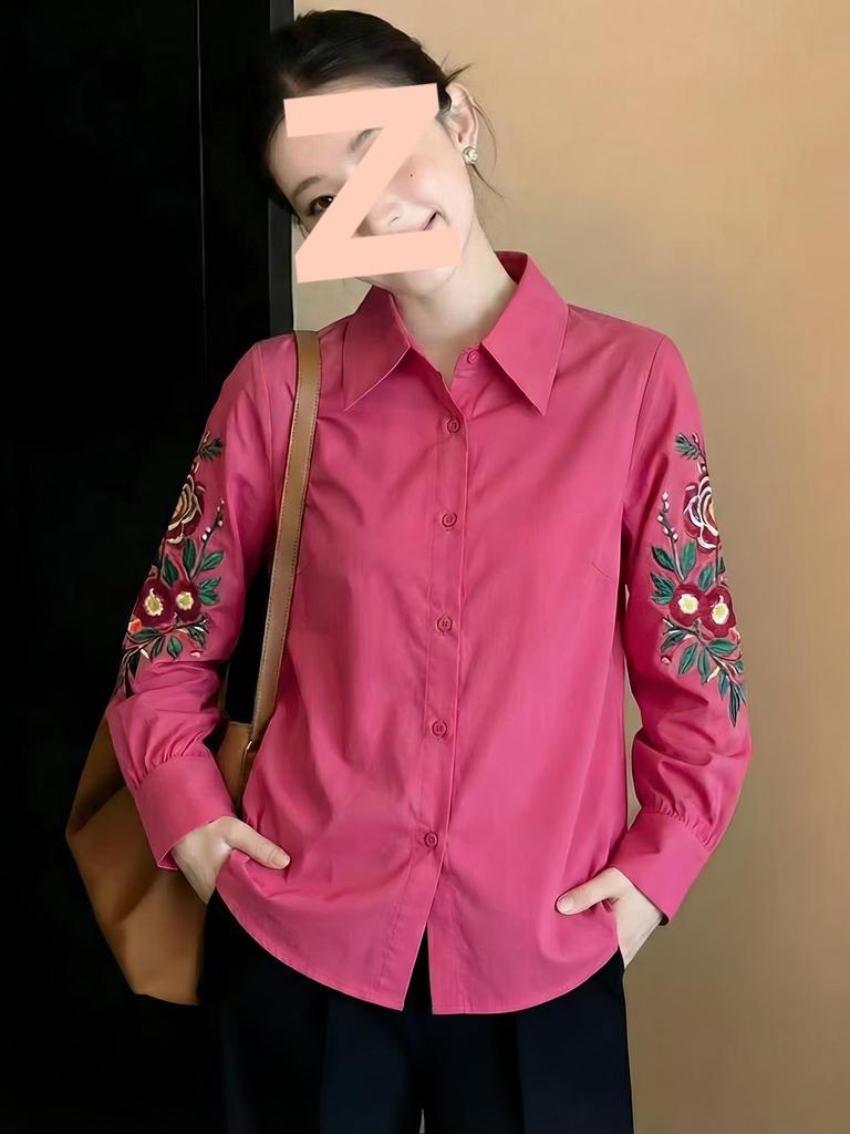 Women's Retro Lapel Embroidered Long Sleeve Slimming Shirt - Spring New Arrival, Loose Waist-Cinching Commute Top