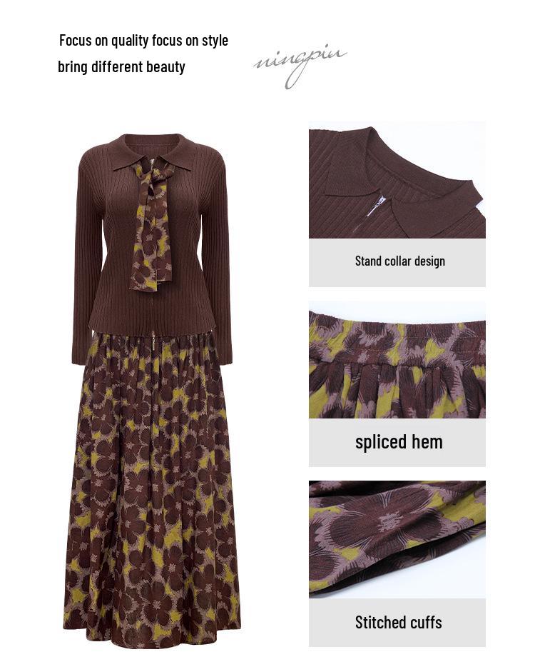 2025 Autumn Slim Fit Knit Cardigan & Floral Midi Skirt Set