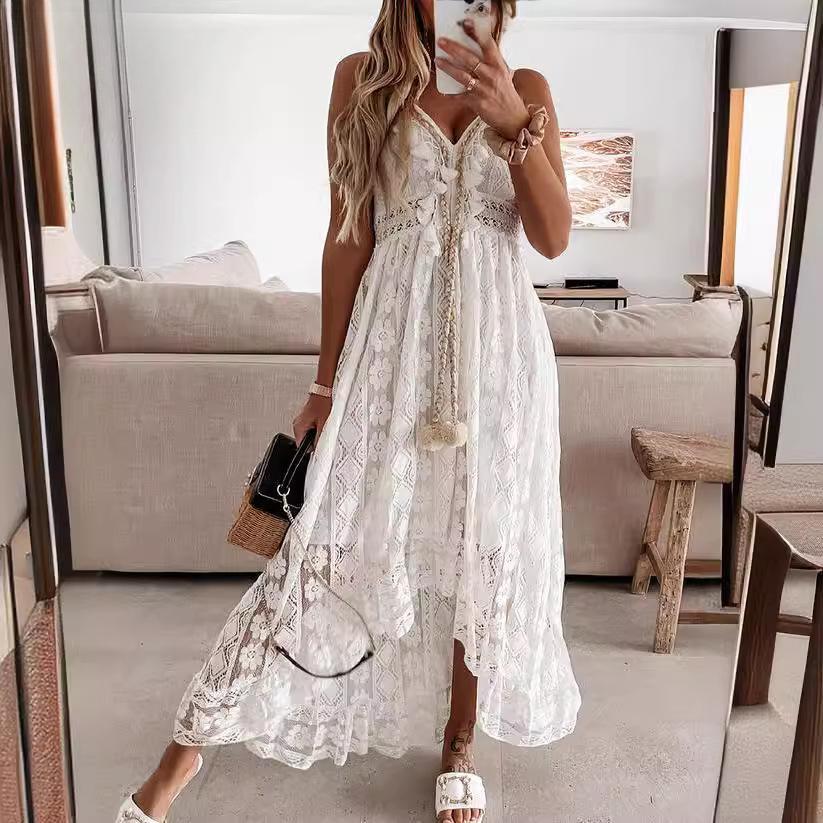 Women's Fashion Summer Spring Solid Color Print Sleeveless V-Neck Middle Waistline Casual Dresses