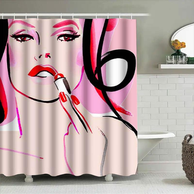 Pink Beauty Woman Shower Curtain Set Pink Bath Decor With Makeup Brush Print For Bathroom Decoration Waterproof Polyester Fabric