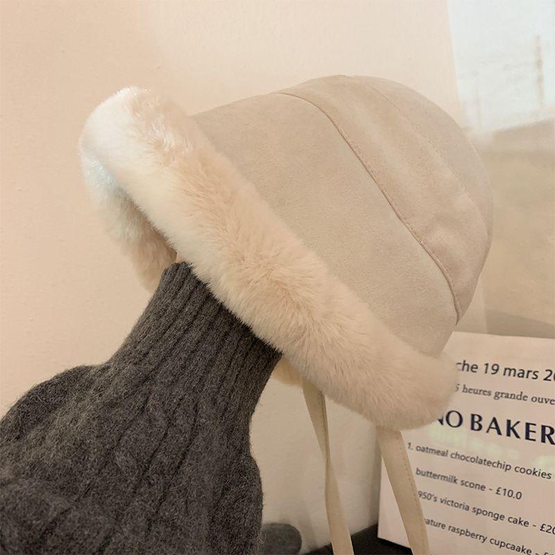Winter new plush bucket hat women's thickened warm basin hat windproof ear protection winter fluffy hat cute tide