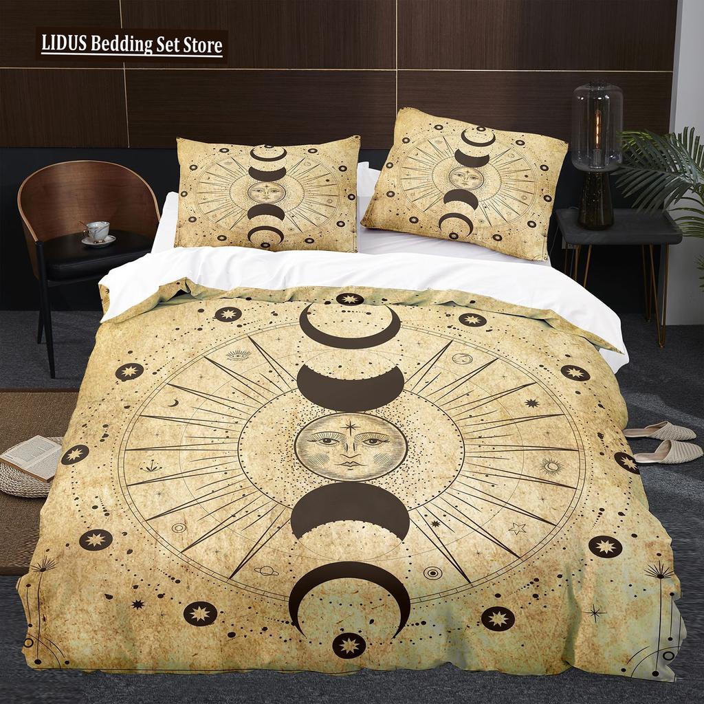 Antik Güneş Ay Nevresim Takımı King Queen Boyutu Mor Leylak Rengi Renkli Galaksi Psikedelik Boho Mandala Polyester Yatak Takımı