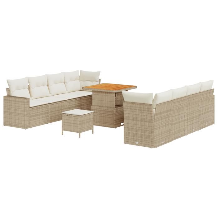 Canapé de jardin de 11 pièces avec coussins Beige Poly Rattan Acacia, Ensemble de salle à manger jardin de 3 pièces 3363536