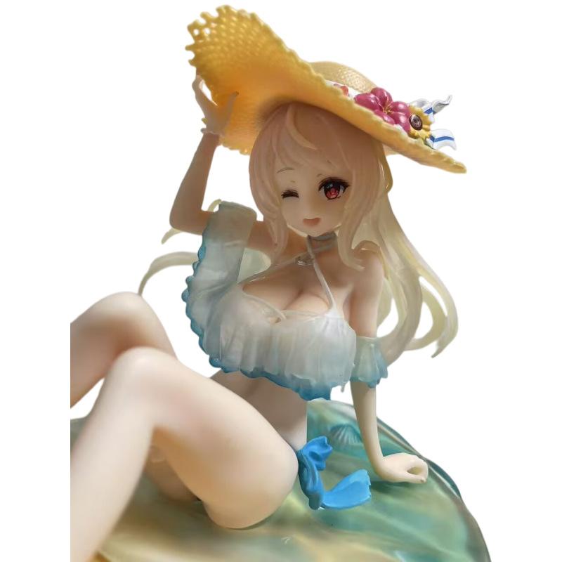 Anime Straw Hat Girl Model 15cm PVC Beach Sitting Pose Statue With Mini Companion Desktop Decor For Anime Game Otaku Collection