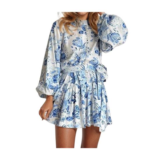 Women's Fall Floral Mini Dress Long Sleeve Button Down A-line Swing Dress Stand Collar Short Dress with Belt