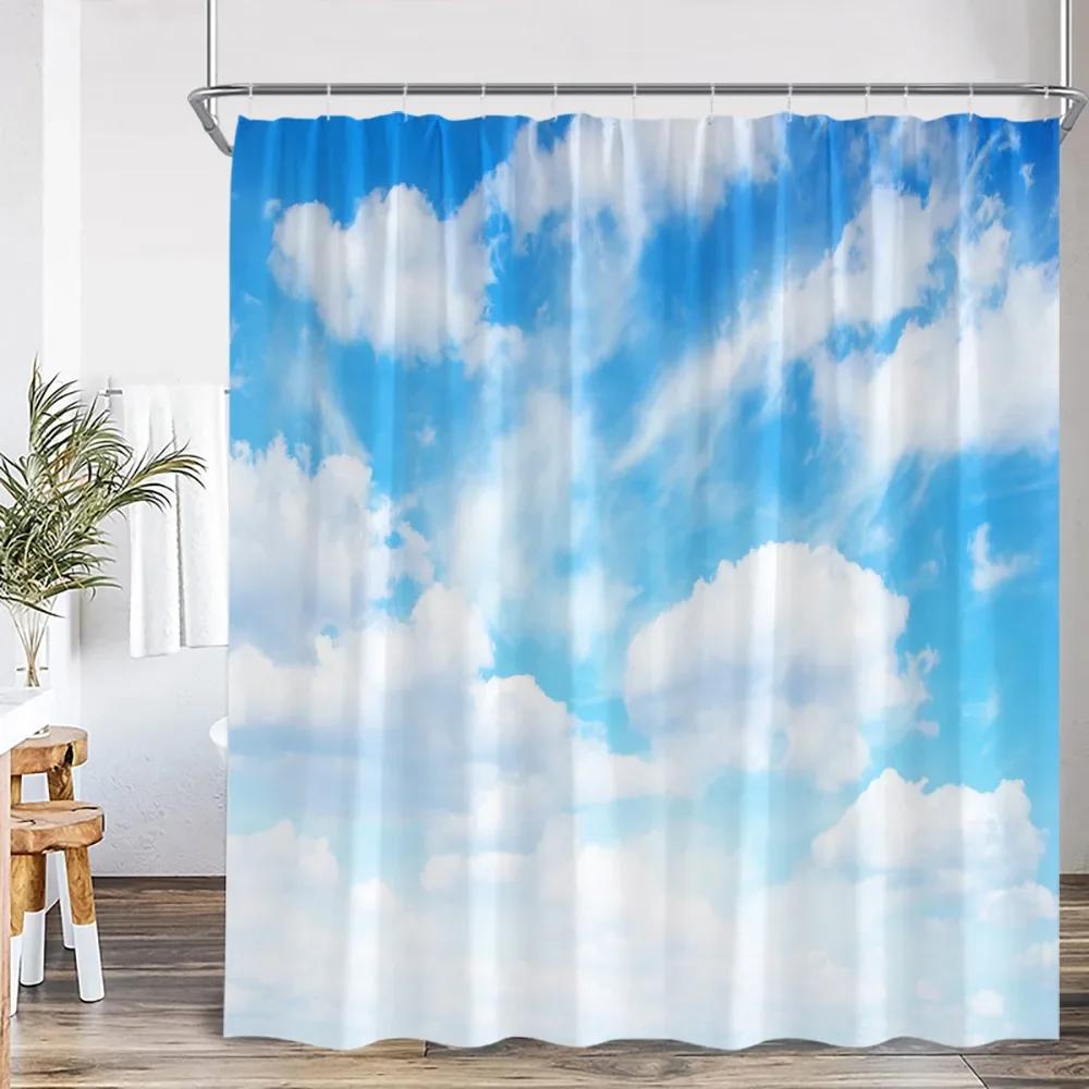 Blue sky natural shower curtain white clouds bathroom decorative shower curtain with hook polyester home decoration bathtub