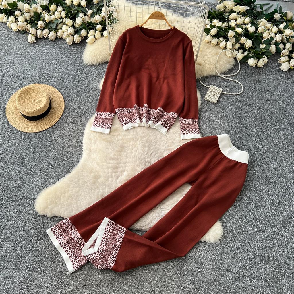 Autumn Winter Women Vintage Jacquard Knitted Sweater Trouser Two Piece Set Full Sleeve Pullover Tops and Wide Leg Pant Tracksuit