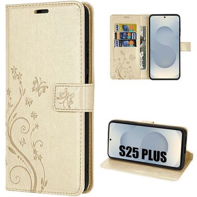 Case for Samsung Galaxy S25 Plus (S25+) - BOOLING - Synthetic Leather Floral Butterfly Pattern - Golden