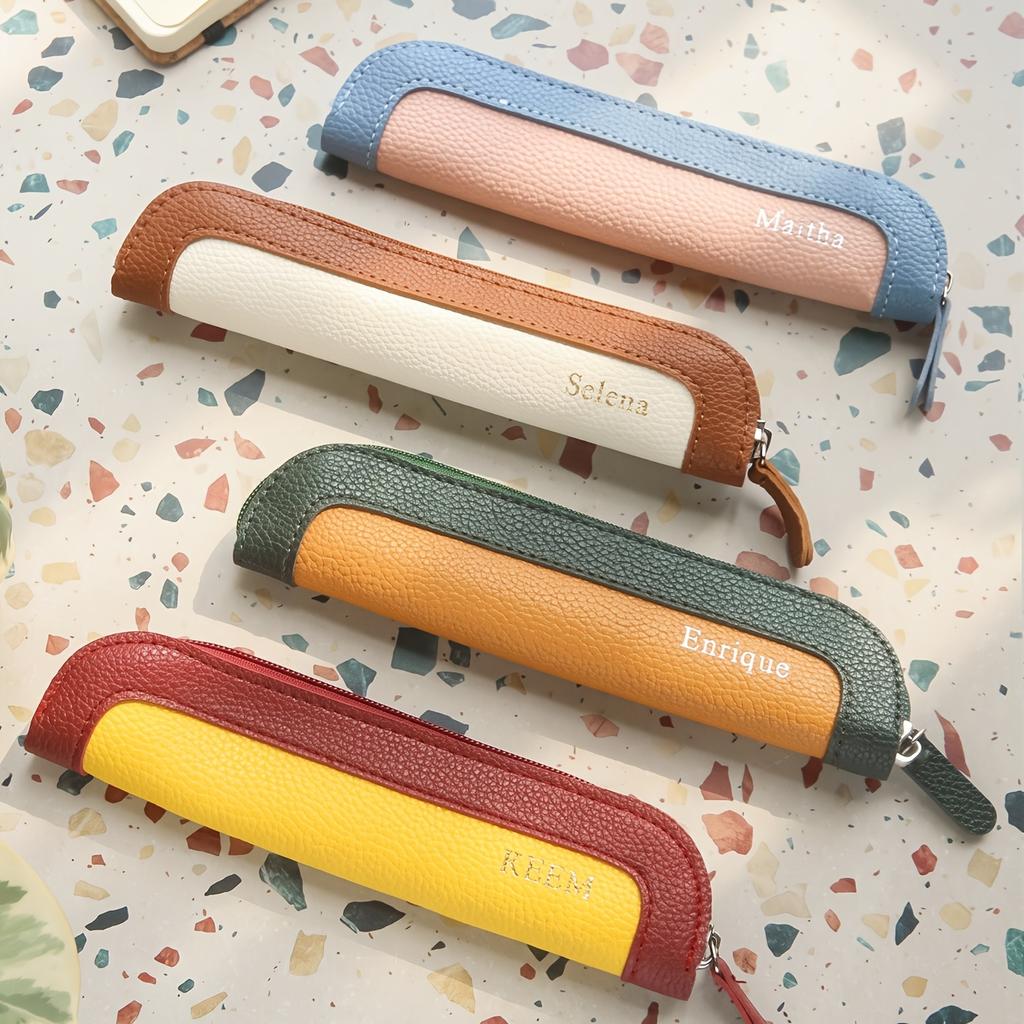 2pcs Personalized Vegan Leather Pen Case Customized Name Color Blocked Pencil Case with Zipper Label Hot Stamping And Pencil Storage Office Stationery