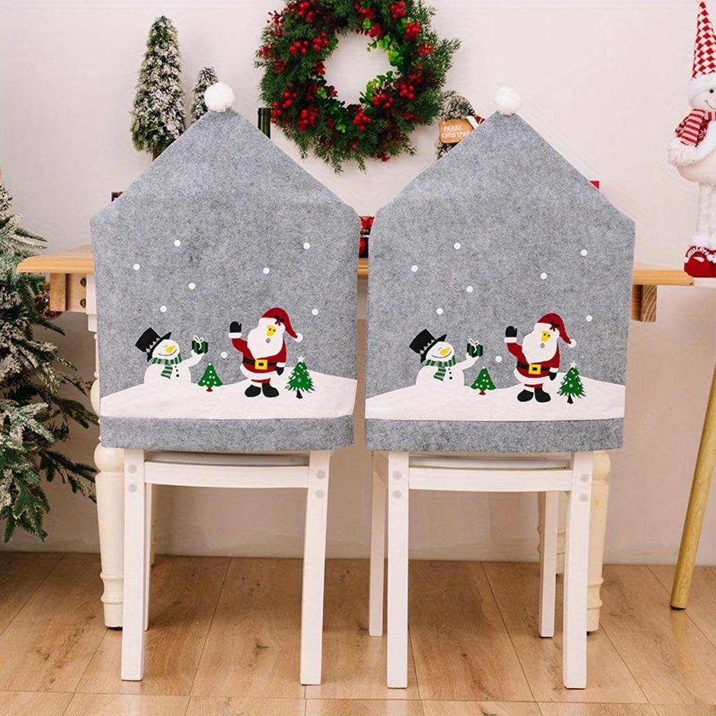Christmas Gray Printed Chair Covers With Santa And Snowman Designs, Non-Woven Fabric Chair Slipcovers With Adorable Pom-Pom For Holiday Home Decor