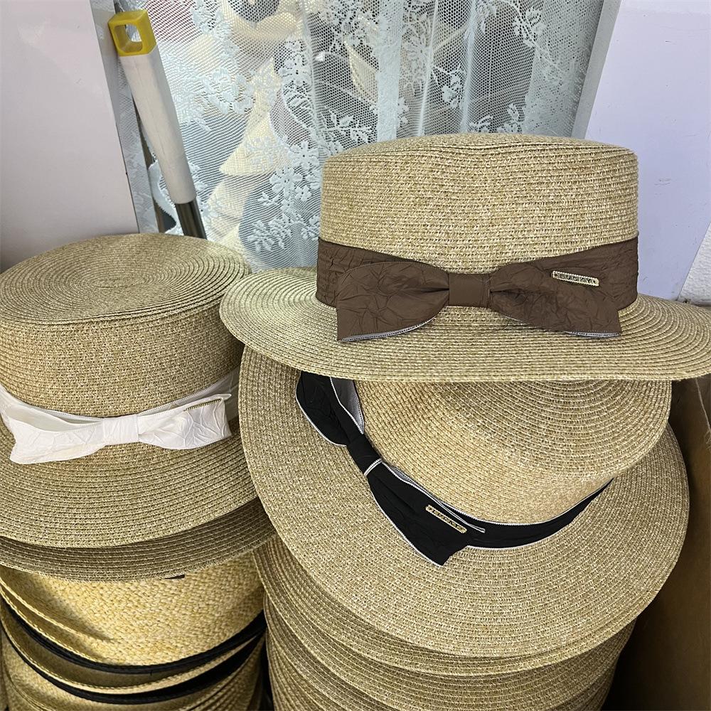 

Texture bow sweet straw hat small standard spring and summer British casual sunshade summer flat top top hat women Adult (55-58cm) бежевий