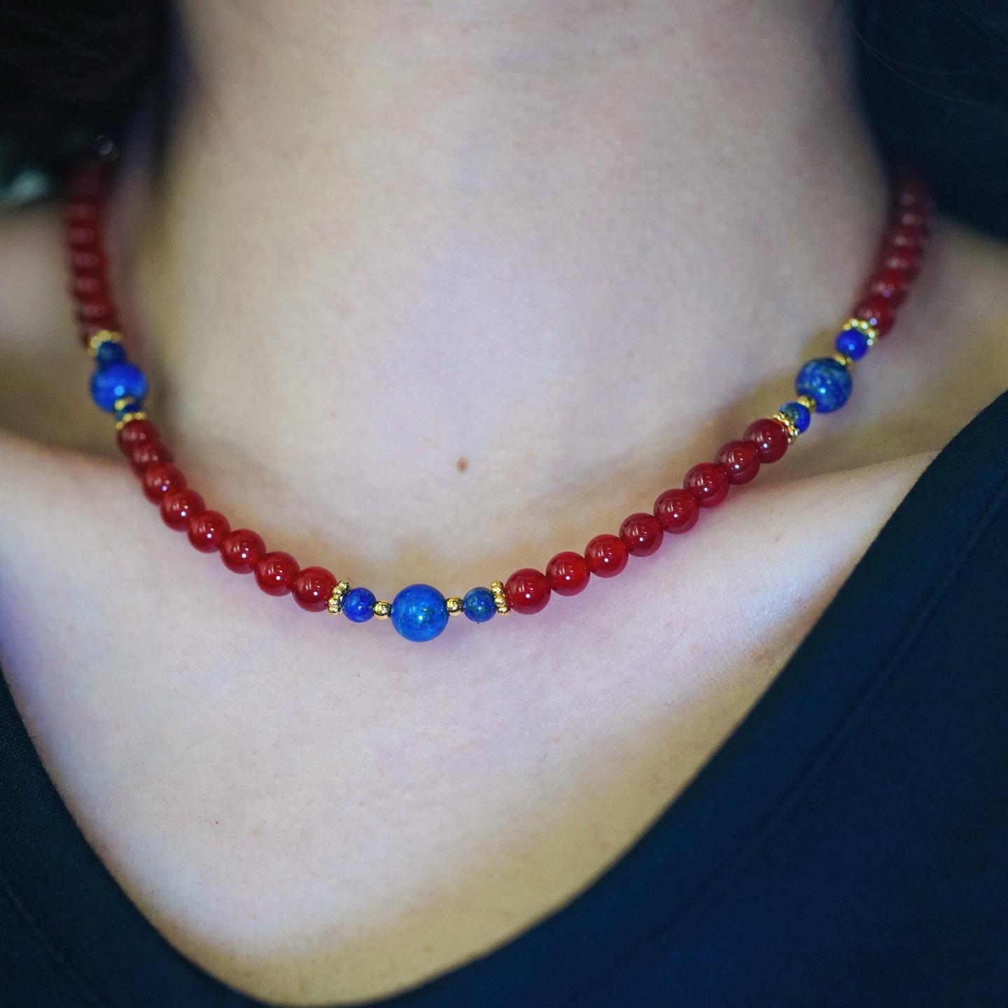 6Mm High Quality Ice-Permeable Pigeon Blood Red Natural Chalcedony Lapis Lazuli Design Sense Collarbone Chain Necklace