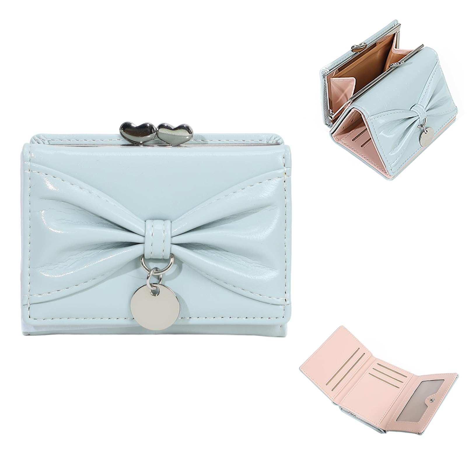

MACITEET Women s Mini Wallet with Clasp Closure, Heart-Shaped Clasp, Ribbon Design, Korean Style, Cute, Tri-Fold, Compact, Small Wallet, Large