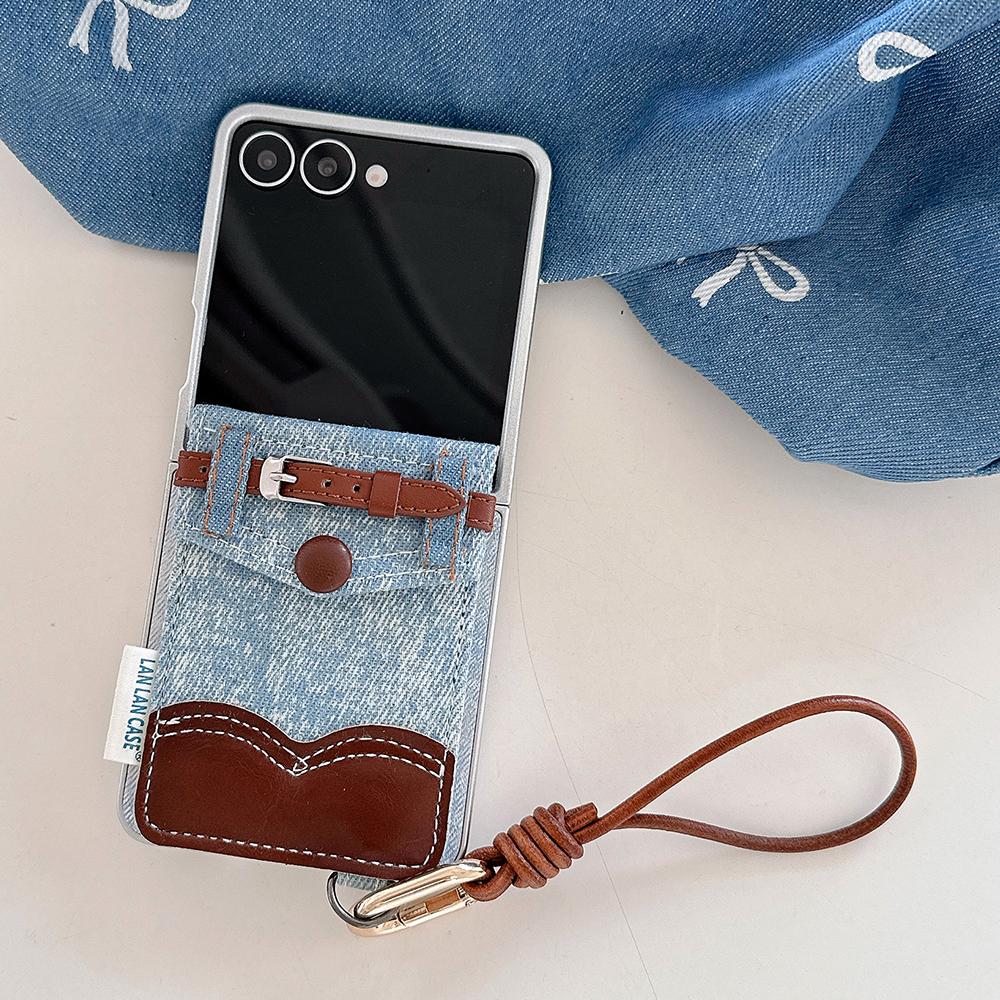 Denim Cardholder Phone Case for Samsung Galaxy Z Flip 7 Flip 5 Flip 6 3 4 Wrist Chain Shockproof Back Cover