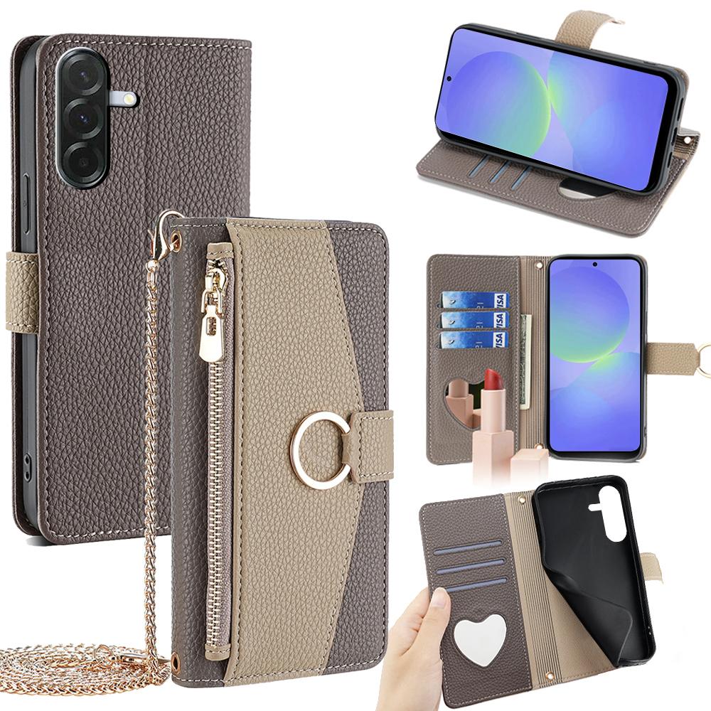 

For Samsung Galaxy A36 5G Case Mirror Wallet Leather Phone Cover with Chain Shoulder Strap Grey