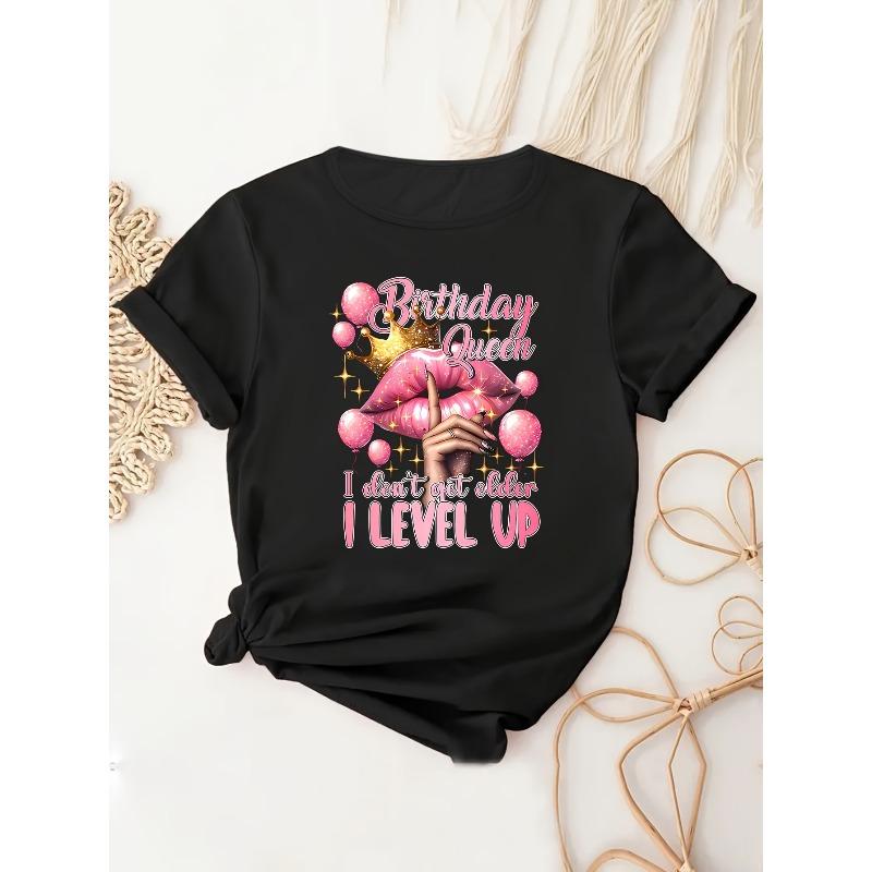 Womens Plus Size Birthday Queen Print Crew Neck Short Sleeve T Shirt Casual Spring Summer Plus Size Apparel