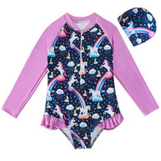 Girls' Long-Sleeve Mermaid One-Piece Swimsuit - Quick-Dry, Sun Protection