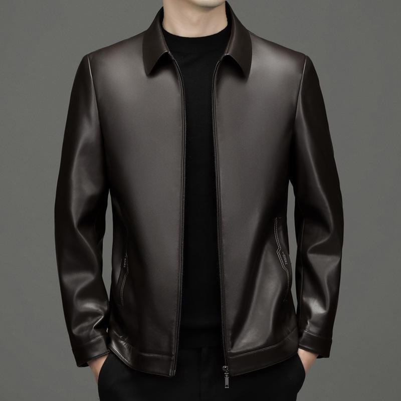 Haining is so good leather jacket spring and autumn new men's middle-aged and elderly fashion business lapel leather jacket sheepskin pattern jacket