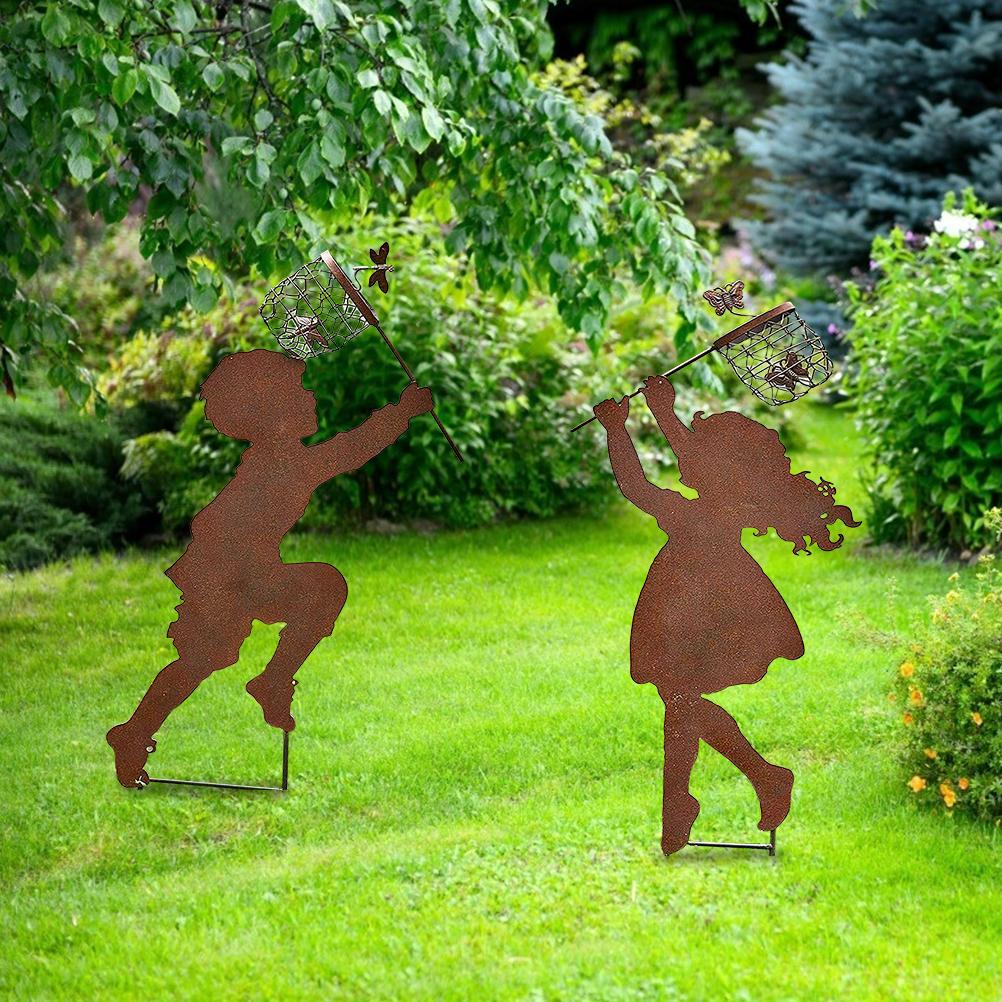 Children Silhouettes Chasing Metal Vintage Garden Silhouette Sculpture Yard Garden Metal Stake Decor