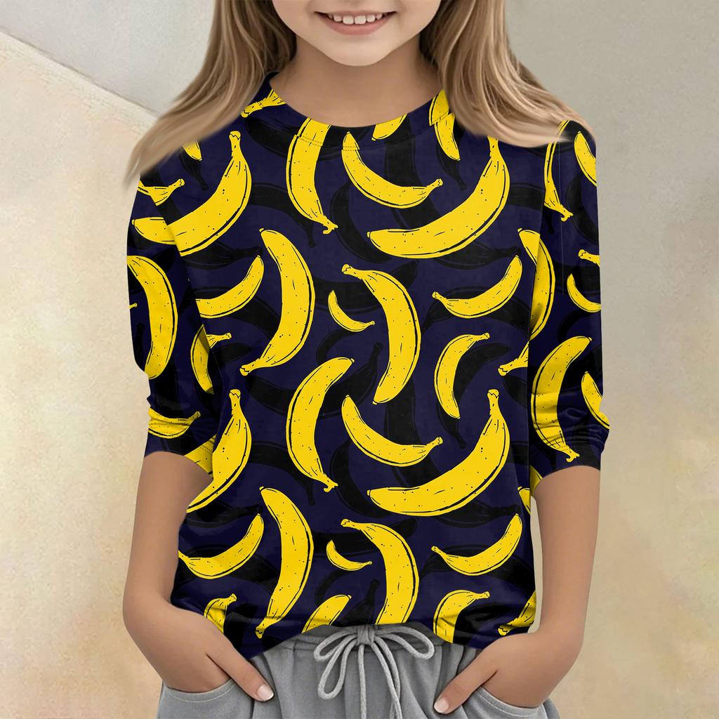 T-shirt décontracté pour enfant à col rond, manches sept-quarts, imprimé