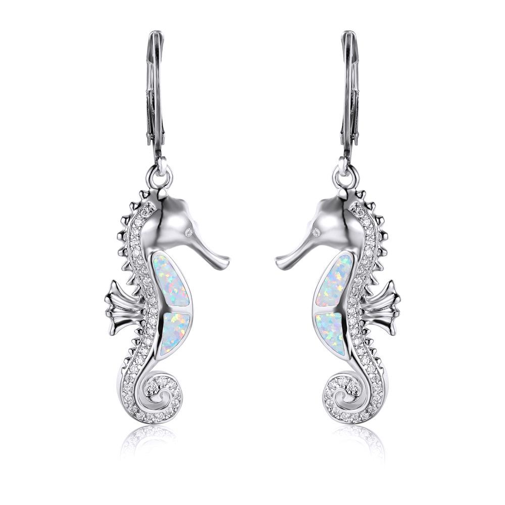 Série Ocean Wind Modrobílé Australské Poklady Mikroosazené Bílými Diamanty Náušnice s Mořským Koníkem