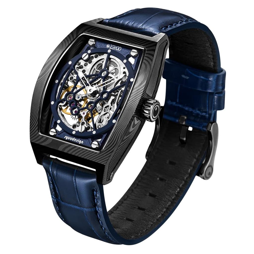 ZEROO M1D THE AURIGA Mechanical Skeleton Damascus Watch Hand-Wound Men's (ZM001DBBL) [Authentic] (Blue/Black Case)