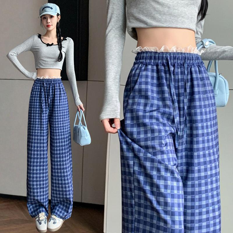 Lace Lace Waist Plaid Pants Casual Summer Lazy Slack Wide Legs High Waist Thin Drape Straight Pants