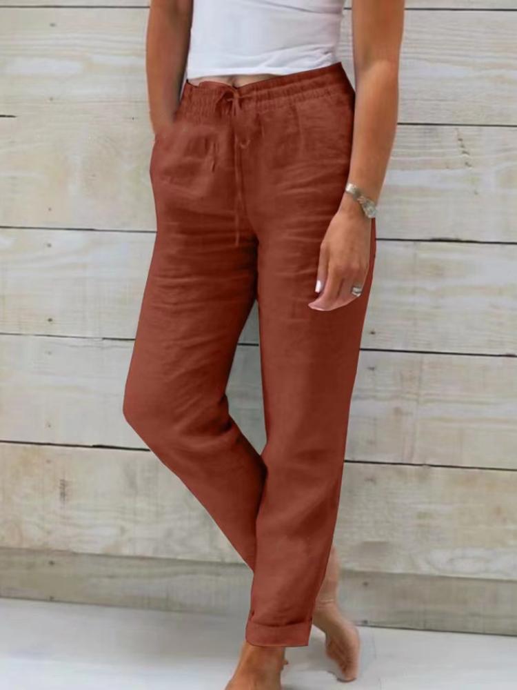 Women's Summer Elastic Waist Pocket Wide Leg Trousers Nine Points Pants